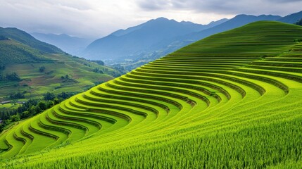 Fototapeta premium Lush green terraced rice fields cascade down rolling hills, surrounded by majestic mountains under a serene sky.
