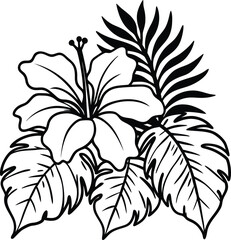 A red hibiscus flower against green tropical leaves