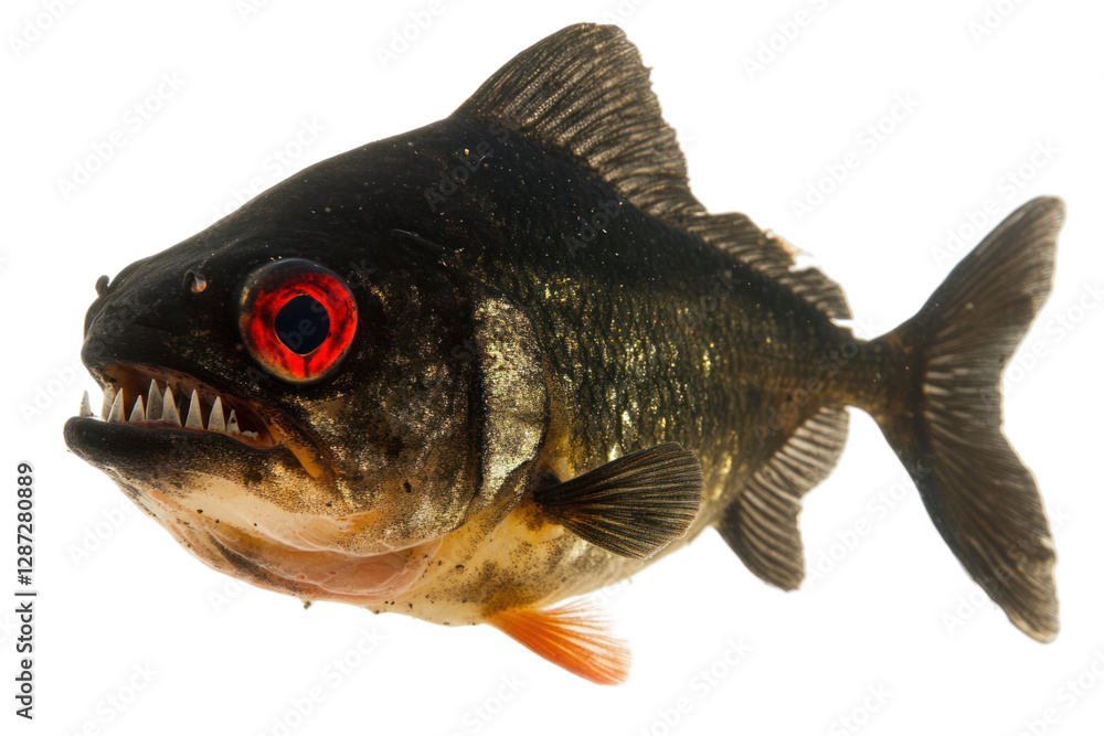 Poster piranha fish in the front view with transparent background shows a lot of details such as scales fin