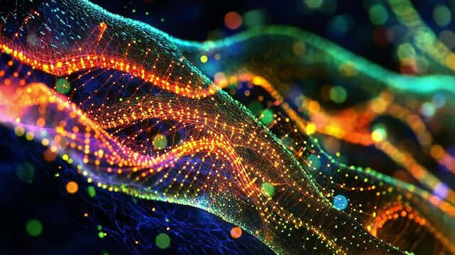 A closeup of a neural interface module capturing the complex network of biocompatible wires woven through living neurons showcasing a vibrant pulsing light that indicates data transmission