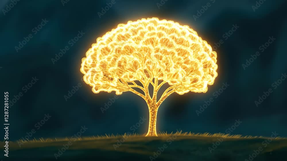 Poster glowing brain tree model with illuminated impulses in dark background symbolizing knowledge and crea