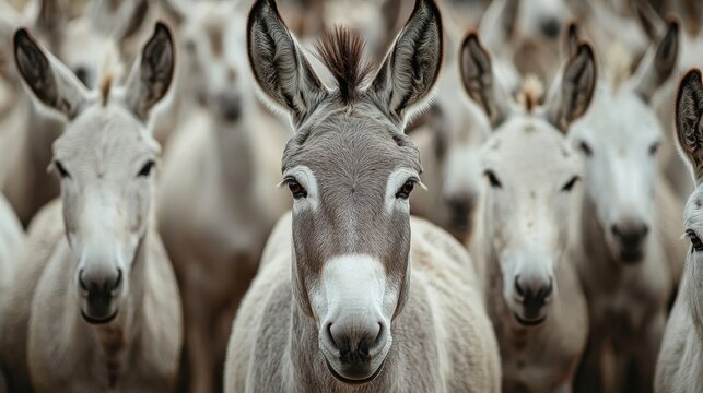 A Grey Donkey Stands Out Among Many White Donkeys