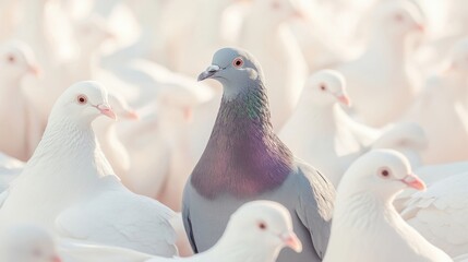 Fototapeta premium A gray pigeon stands out among many white pigeons