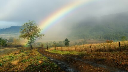 Rainbow over a tranquil countryside road.
