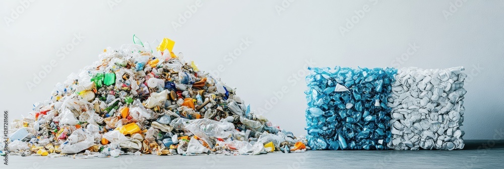 Poster plastic waste accumulates on the left while neatly stacked recycled products demonstrate effective r
