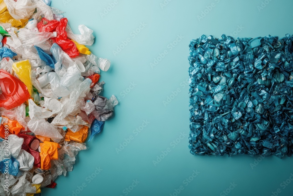 Poster plastic waste contrasts with neatly organized recycled products in a vivid display highlighting envi