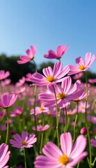 Fototapeta premium A vibrant field of pink cosmos flowers stretches towards a clear, bright blue sky, capturing the essence of a perfect summer day.