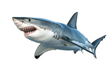 Powerful shark with open jaws shows teeth on isolated transparent black background