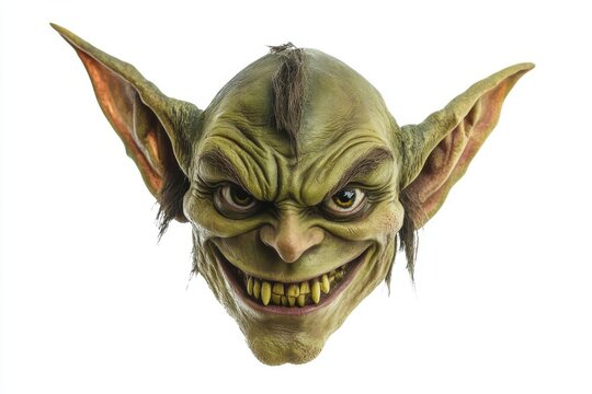 A mischievous green goblin head with pointed ears
