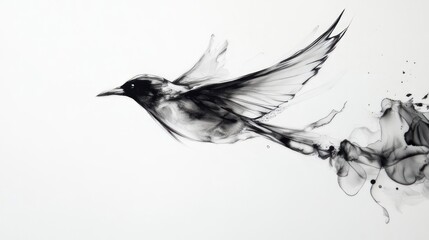 Ink Bird in Flight Against White Background
