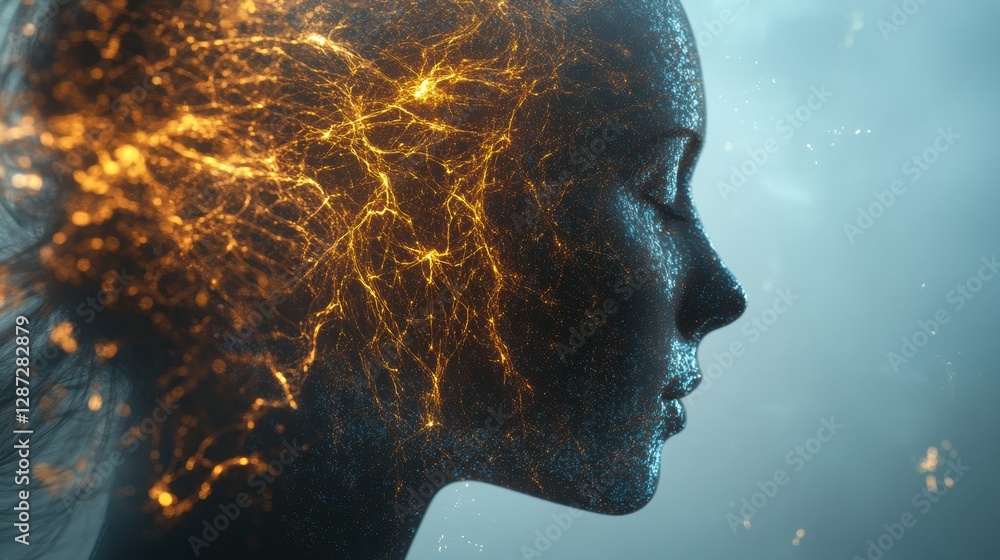 Poster Profile of a human head with glowing neural connections symbolizing the advancement of artificial intelligence and cybernetics. Generative AI