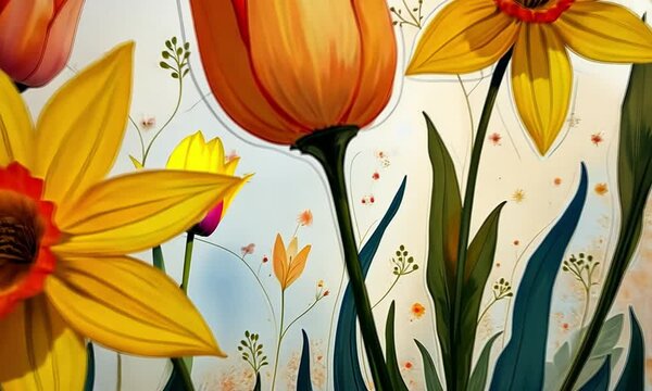 Colorful tulips and daffodils, vibrant floral art, soft background, spring design