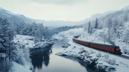 Obraz premium Train on the background of mountains in the fog. Winter landscape.