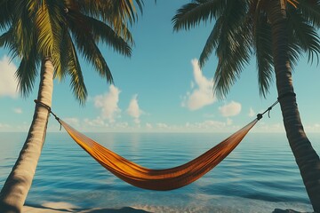 Hammock on the beach with palm trees and sea.