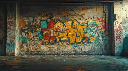 Fototapeta premium Colorful Graffiti Art Decorates Abandoned Brick Wall