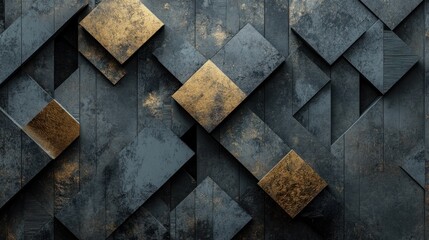 Abstract dark gray and gold geometric pattern of squares and rectangles.