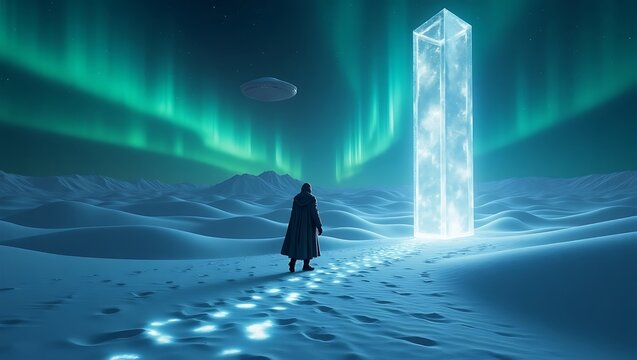 A lone figure walks towards a luminous monolith under an alien aurora, a mysterious spacecraft hovers above in a surreal, icy landscape.