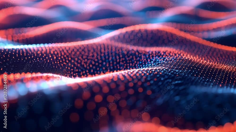 Poster vibrant red and blue digital waves create an abstract landscape, illustrating the concept of data fl