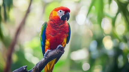 Obraz premium Vibrant red, blue, and yellow macaw perched on a branch.
