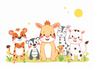 Naklejka premium Cheerful Animal Friends in a Colorful World - Kids' Story Vector Illustration