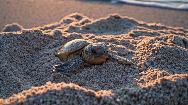 A close-up, low-angle shot of a baby turtle emerging from sand on a beach at sunset, capturing a serene and natural moment, ideal for a nature video.