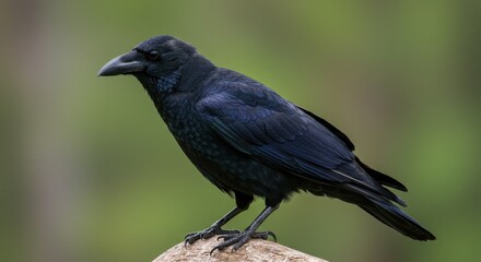 Raven Perched on Log Posing in Natural Green Environment Portrait