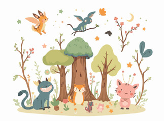 Naklejka premium Magical Forest Creatures - Whimsical Vector Elements for Children's Stories