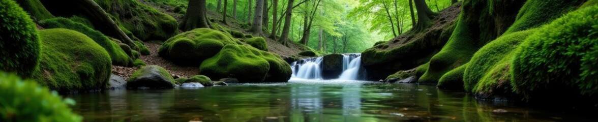 Fototapeta premium Riverbank moss with short waterfall amidst tall trees, landscape photography, forest