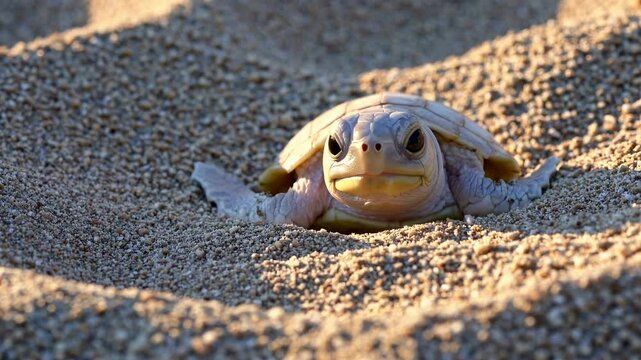 Close-up video of a turtle egg partially buried in sand, captured from a low angle, highlighting textures and natural lighting.