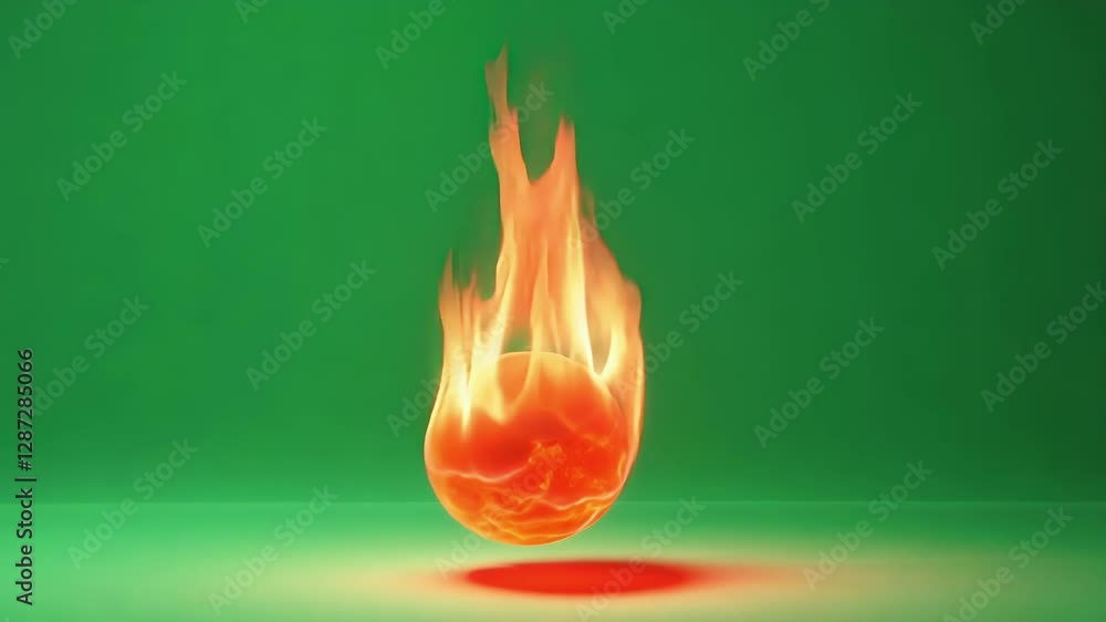 Poster photorealistic fire sphere burning, floating dynamically against verdant green screen backdrop, deli