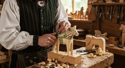 Craftsman Carving Wooden Dala Horse with Traditional Decoration in Workshop