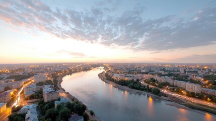 Fototapeta premium City river sunrise, cityscape lights, tranquil dawn, aerial view, travel brochure