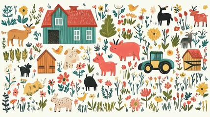 Obraz premium Happy Farm Animals Colorful Flowers Rustic Barn
