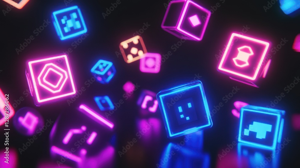 Poster a collection of neon-glowing cubes floating in a dark space, with unique symbols on each face