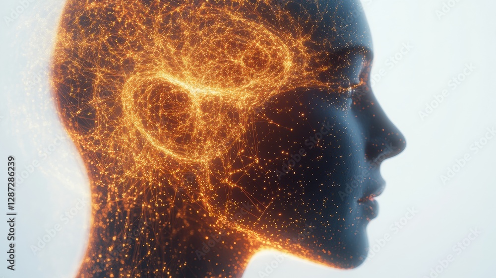 Poster Profile view of a human head showcasing intricate neural networks and glowing synapses symbolizing artificial intelligence advancements. Generative AI