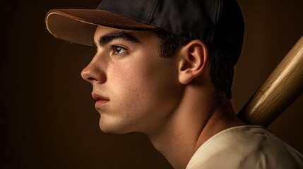 Obraz premium a striking side-profile shot of a male baseball player, his cap tilted slightly as he grips a wooden bat over his shoulder