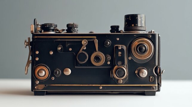 Vintage camera, dark tones, detailed view.