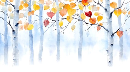 Autumn leaves falling birch forest digital art serene environment aerial view nature's beauty