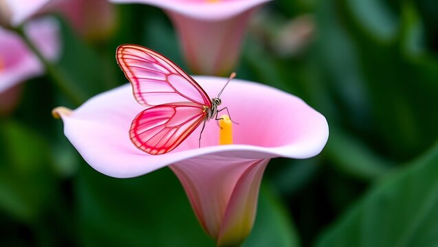 Exquisite Pink Cattleheart Butterfly Resting on a Delicate Pink Calla Lily