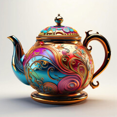 Colorful design teapot on white background, dishware - 주방용품, 화려한 티포트 (찻주전자)