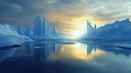 Fototapeta premium Frozen Cityscape at Sunset: A Breathtaking Glacial Panorama
