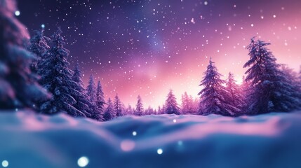 Magical winter wonderland, snow falling on snow-covered pine trees under a purple sky.