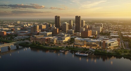 Obraz premium Aerial Cityscape View of Urban Downtown with River and Golden Light