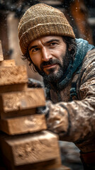 Obraz premium Serious Woodworker Surrounded By Lumber