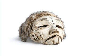 Naklejka premium Ancient Carved Mask with Fur Accents