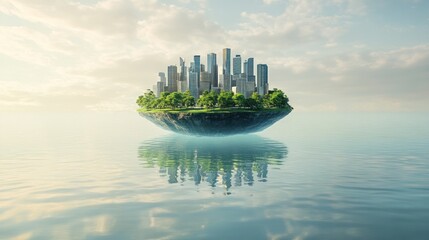 Floating Metropolis: A City on an Island in the Calm Ocean