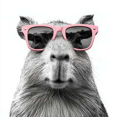 A stylish capybara sports pink sunglasses in this high-contrast grayscale portrait. Its cool, confident expression and trendy look make for a fun and whimsical take on wildlife photography.