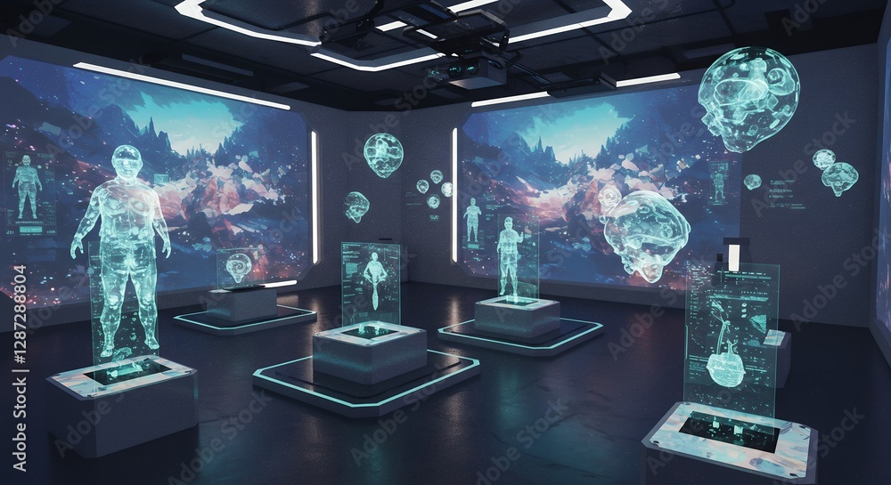 Poster futuristic exhibition with holograms displaying human anatomy and virtual worlds