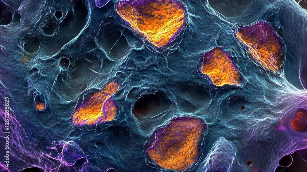 Poster detailed visualization of cellular structures with vivid purple and orange hues, showcasing complex 