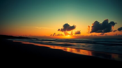 sunset beach scene, dramatic sky, vibrant orange and teal colors, silhouetted clouds, calm ocean waves, reflective wet sand, peaceful coastal landscape, golden hour lighting, cinematic atmosphere, wid